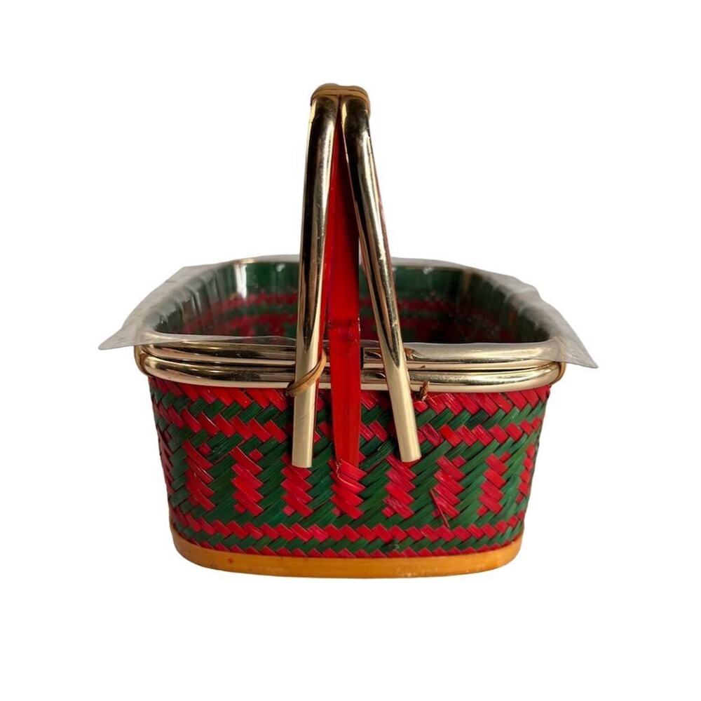 Vintage Red & Green Woven Basket with‎ Handle Country Style Small planter